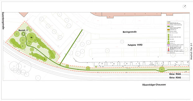Lageplan mit Bäumen, Wegen und Beschriftungen für Bereich 3, Berringstraße, Parkplatz WIRO und Gleise RSAG