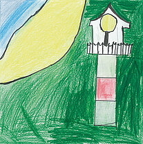 Kindliche Zeichnung eines Leuchtturms mit gelber Sonne im Hintergrund auf grünem Untergrund.