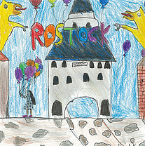 Kinderzeichnung des Steintor mit dem Schriftzug 'ROSTOCK' darüber, zwei gelbe Greifs an den Seiten und einer Person mit Luftballons