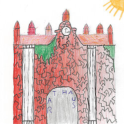 Bunte Zeichnung eines Turms mit Uhr, umgeben von grünen und roten Flächen, darüber eine Sonne am Himmel.