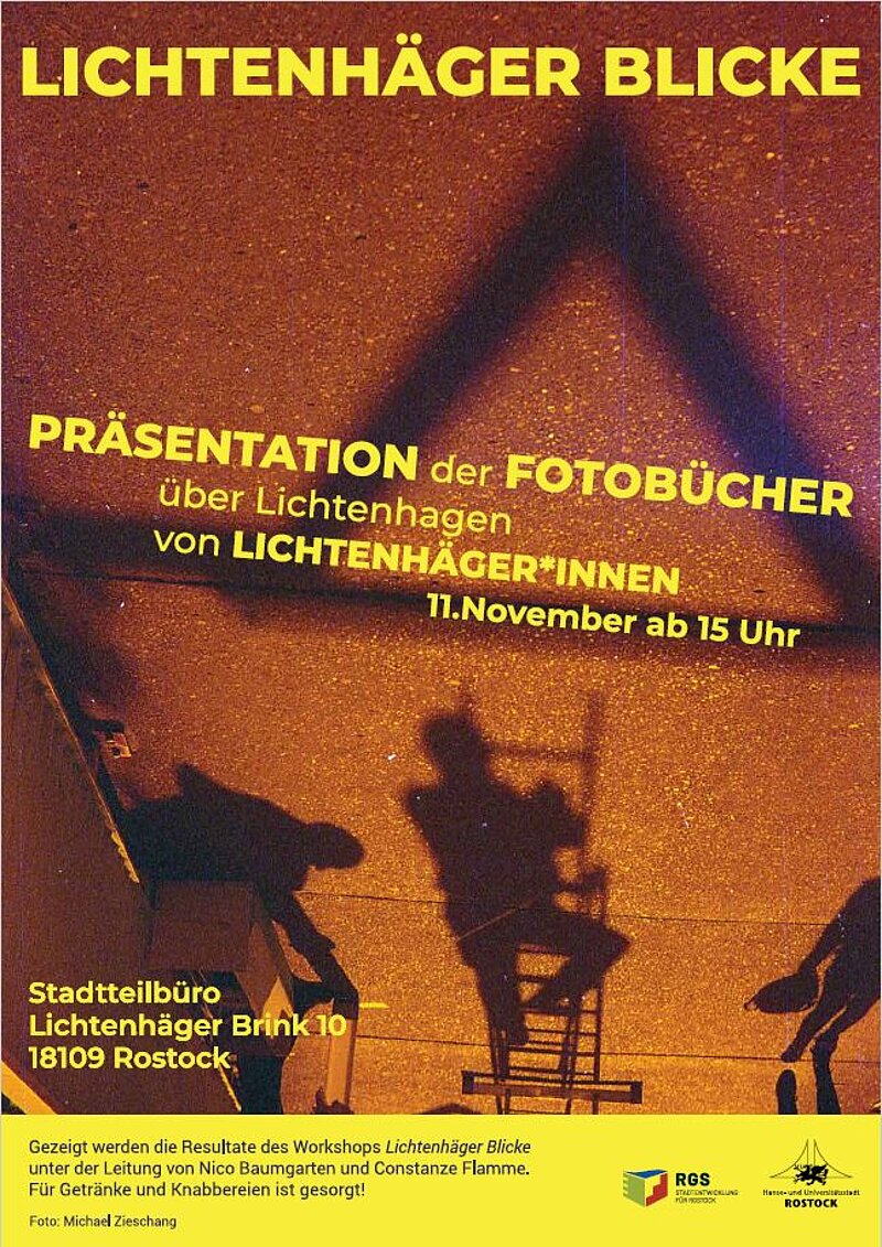Plakat für die Präsentation "Lichtenhäger Blicke" mit Fotografien, dominierend in Gelb und Schwarz, enthält Informationen zu Datum und Ort der Veranstaltung.
