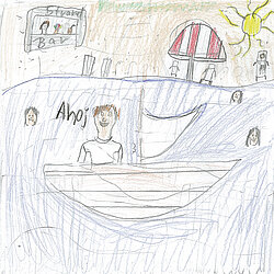 Bunte Kinderzeichnung mit Boot auf Wasser, Sonnenschirm, Sonne und mehreren Figuren am Strand.