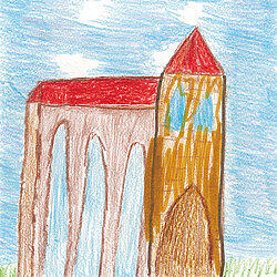 Bunte Kinderzeichnung eines Gebäudes mit roten Dächern, hohen Bögen und blauem Himmel.