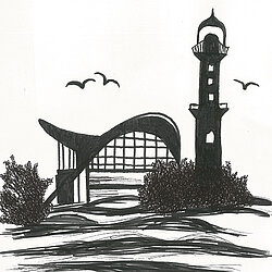 Schwarz-weiße Linienzeichnung eines Leuchtturms neben einem Gebäude mit geschwungenem Dach und Büschen im Vordergrund, darüber fliegen Vögel.