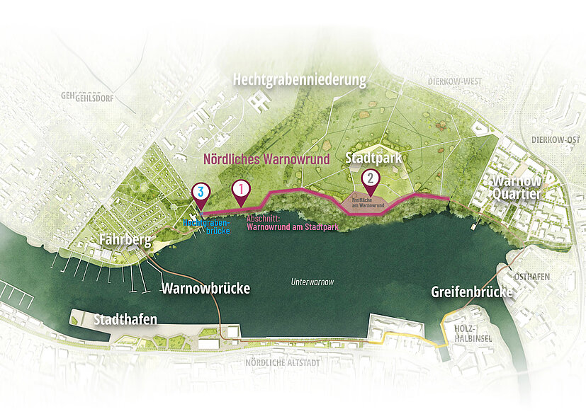 Karte des nördlichen Warnowrunds mit markiertem Weg, Stadtpark, und den Einzelmaßnahmen hechtgrabenbrücke, Warnowrund am Stadtpark und Freifläche am Warnowrund