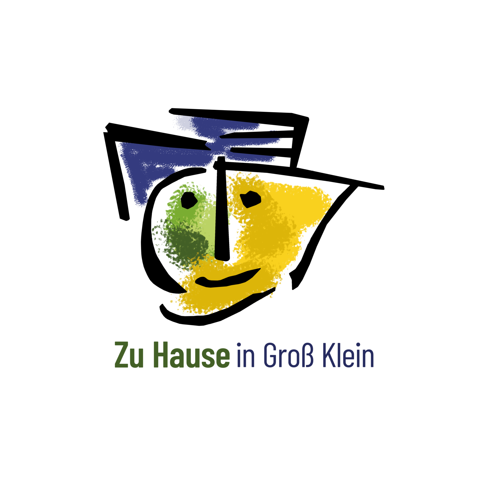 Abstraktes Gesicht mit grüner, gelber und blauer Farbfläche und dem Schriftzug 'Zu Hause in Groß Klein'