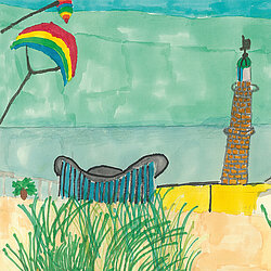 Bunte Zeichnung mit einem Regenbogen, einer Mauer, Gras im Vordergrund und einem Turm rechts.