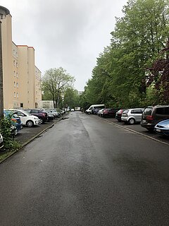 Putbuser Straße vor der Sanierung. Blick auf eine schmale Straße, gesäumt von Bäumen und parkenden Autos auf beiden Seiten. Der Himmel ist bewölkt.