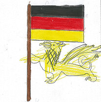 Eine gezeichnete deutsche Flagge an einem Fahnenmast neben einem gelben, fliegenden Pferd mit Flügeln.