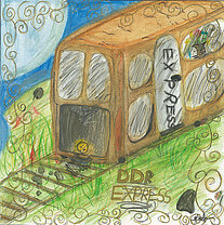Bunte Zeichnung eines Zuges mit der Aufschrift 'EXPRESS' auf der Seite und 'DDR EXPRESS' auf dem Boden, umgeben von geschwungenen Linien und einer Landschaft mit Himmel und Mond