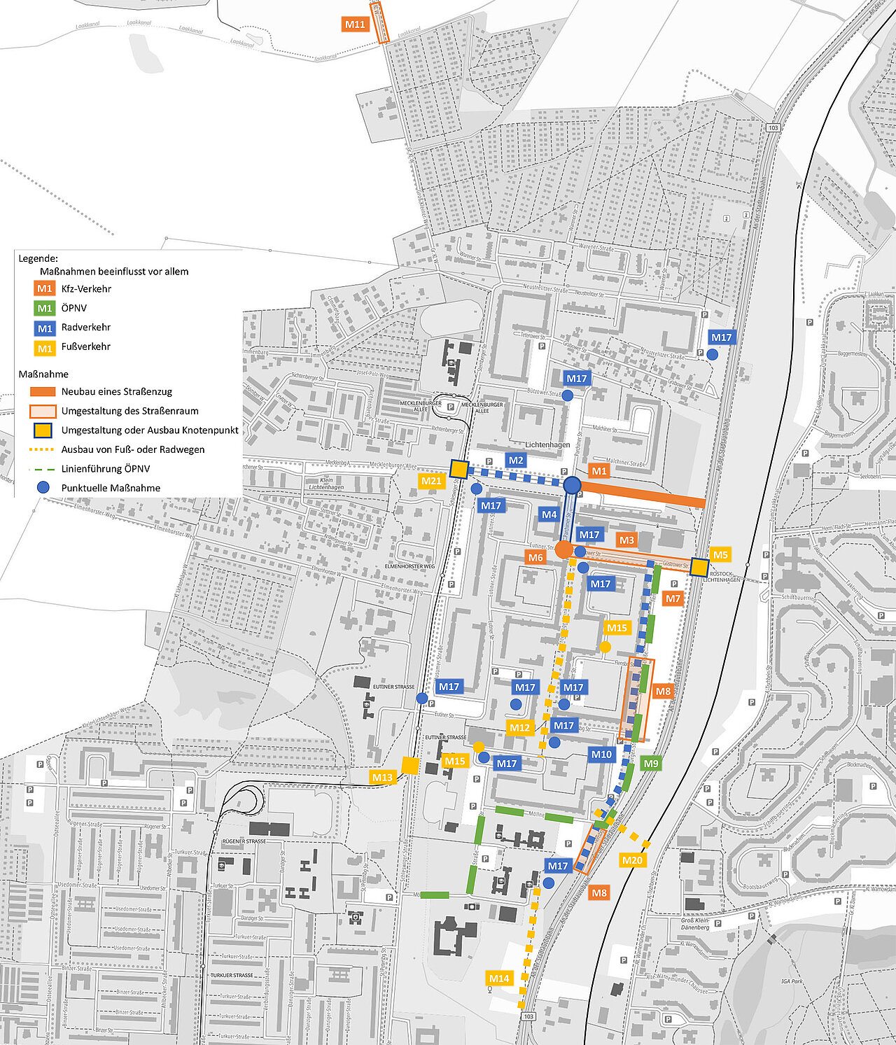 Stadtplan mit farblich markierten Verkehrsmaßnahmen für Verkehr, ÖPNV, Fußverkehr und Radverkehr, inklusive Umgestaltungen und Ausbauplänen im Wohngebiet.