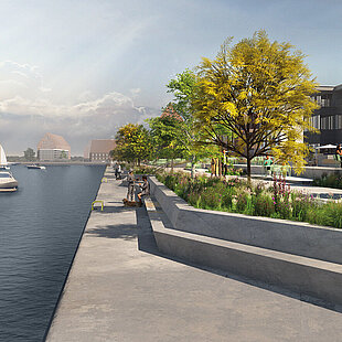 Visualisierung: Uferpromenade mit Bäumen, Spaziergängern und Segelbooten im Hafen an einem bewölkten Tag