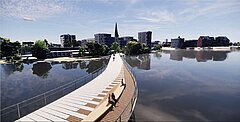 Fuß- und Radwegbrücke zwischen der Holzhalbinsel und dem Osthafen Visualiserung einer Brücke übers Wasser.