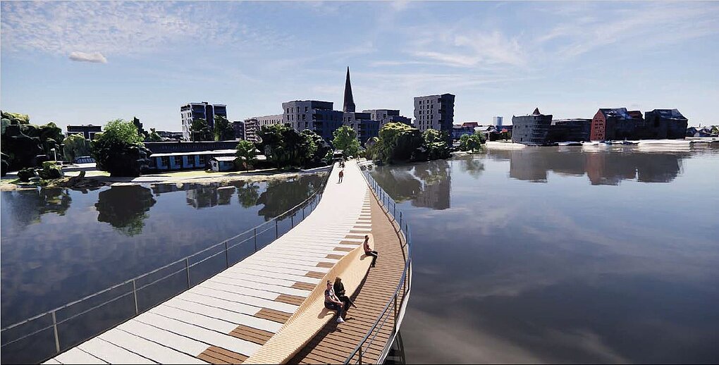 Fuß- und Radwegbrücke zwischen der Holzhalbinsel und dem Osthafen Visualiserung einer Brücke übers Wasser.