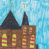 Kinderzeichnung eines Gebäudes mit zwei spitzen Türmen, braunen Wänden und Fenstern mit rot-gelben Streifen vor blauem Himmel.