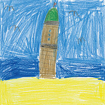 Kindliche Zeichnung eines Leuchtturms mit grünem Dach auf gelbem Sand vor blauem Himmel und Meer.