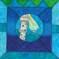 Bunte Zeichnung eines Leuchtturms mit gelbem Lichtstrahl und einem Segelboot auf dem Meer, umgeben von einem geometrischen Rahmen in Blau- und Grüntönen