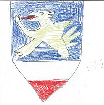 Wappen mit einem weißen Löwen auf blauem Hintergrund und einem roten, spitz zulaufenden unteren Abschnitt.