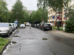 Putbuser Straße vor der Sanierung. Blick auf eine regennasse Straße mit parkenden Autos beidseitig. Bäume und Gebäude im Hintergrund sind sichtbar.