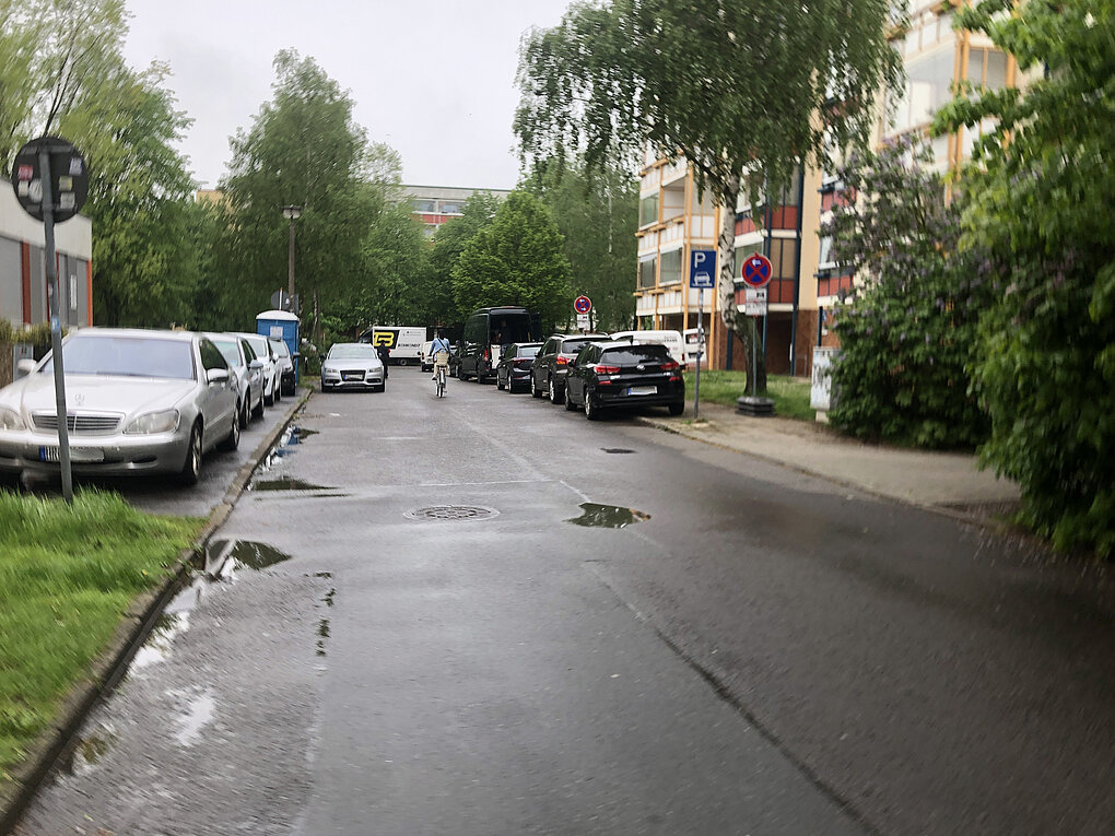 Putbuser Straße vor der Sanierung. Blick auf eine regennasse Straße mit parkenden Autos beidseitig. Bäume und Gebäude im Hintergrund sind sichtbar.