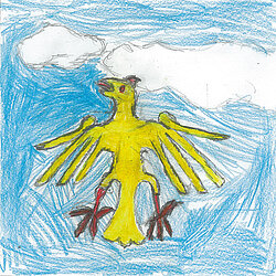 Gelb gezeichneter Vogel mit ausgebreiteten Flügeln vor blauem Himmel und weißer Wolke.