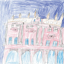 Bunte Kinderzeichnung eines mehrstöckigen Gebäudes mit vielen Fenstern und einem blauen Himmel im Hintergrund.