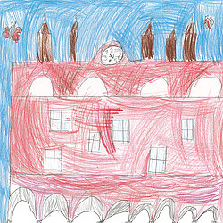 Bunte Kinderzeichnung eines mehrstöckigen Hauses mit Fenstern, Schornsteinen und einem blauen Himmel im Hintergrund.