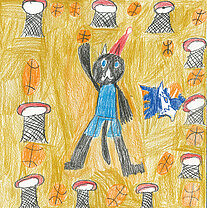 Kinderzeichnung eines Wolfes mit roter Mütze umgeben von mehreren Basketballkörben und orangefarbenen Basketbällen auf gel-bem Hintergrund