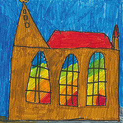 Bunte Zeichnung eines gotischen Kirchenfensters mit Spitzbogen und farbigen Glasmalereien vor blauem Hintergrund.