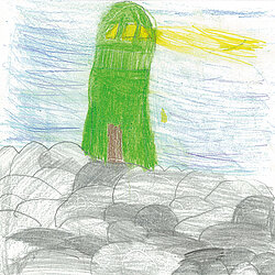 Bunte Kinderzeichnung eines grünen Leuchtturms auf grauen Felsen mit gelbem Lichtstrahl vor blauem Himmel.