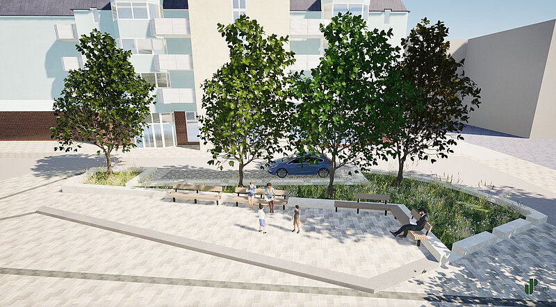 latz mit Bänken, Bäumen und mehreren Personen, darunter spielende Kinder und eine sitzende Person