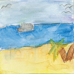 Aquarellzeichnung eines Strandes mit Sand, Meer, einem grauen Felsen im Wasser, einer grünen Pflanze und zwei braunen Stämmen am rechten Bildrand.