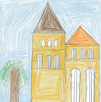 Bunte Kinderzeichnung von zwei nebeneinander stehenden Häusern mit spitzen Dächern und einem Baum links daneben.