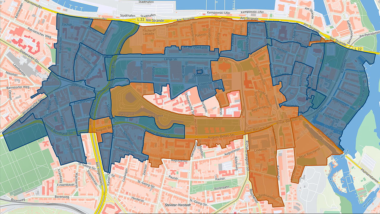 Kennzeichnung des Sanierungsgebietes "Stadtzentrum Rostock" mit den Teilaufhebungen  Stand: 09/2023