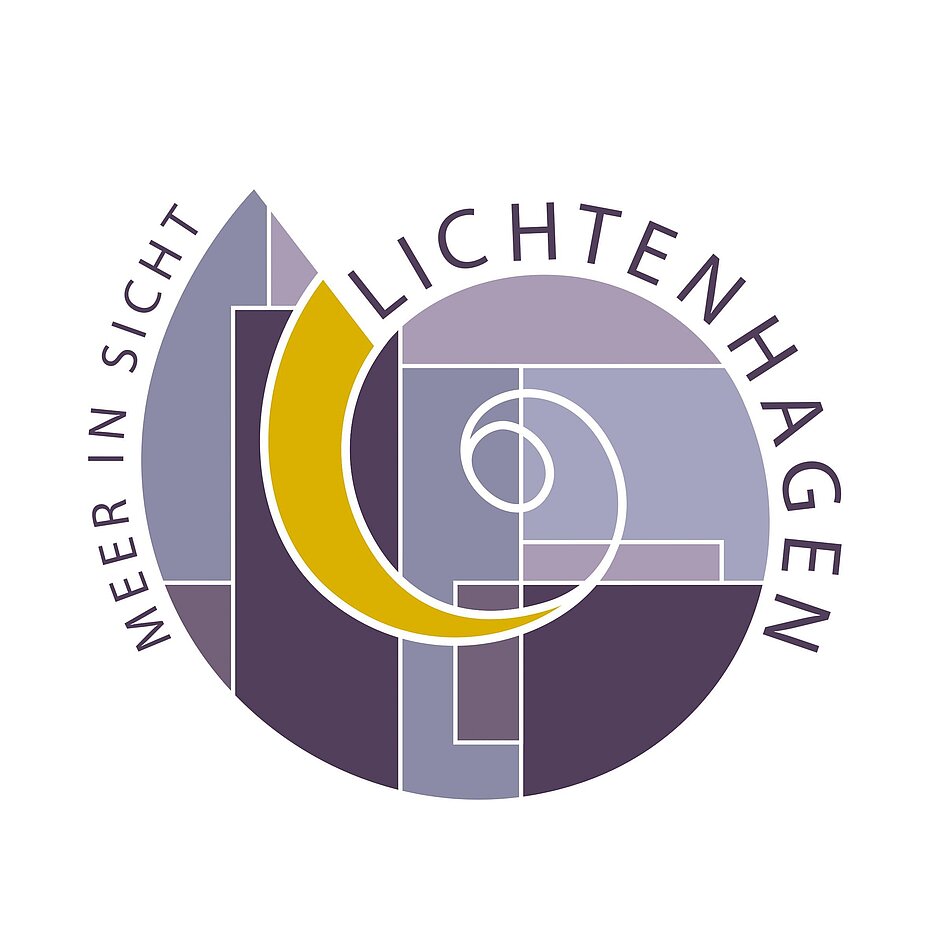 Logo des Stadtteils Lichtenhagen mit einer abstrakten Muschel in den Farbel Violett und Gelb.