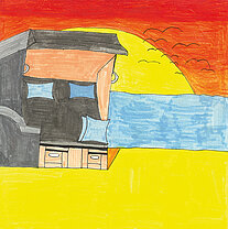 Bunte Zeichnung eines Strandkorbs mit Kissen vor einem gelben Sandstrand, blauem Meer und rotem Himmel mit untergehender Sonne und fliegenden Vögeln