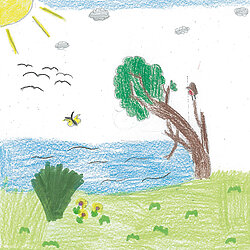 Bunte Kinderzeichnung einer Landschaft mit Sonne, Vögeln, Bienen, einem Baum, Wasser und Blumen auf einer Wiese.