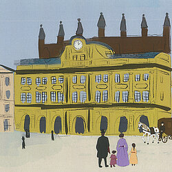 Historische Straßenszene mit einem großen gelben Gebäude mit Uhr, mehreren Menschen und einer Pferdekutsche davor.