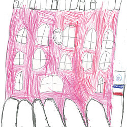 Rote, handgezeichnete Darstellung eines mehrstöckigen Gebäudes mit mehreren Fenstern und einer kleinen Flagge rechts.