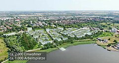 Modell des zukünftigen WarnowQuartiers von der Wasserseite