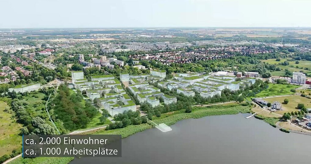 Modell des zukünftigen WarnowQuartiers von der Wasserseite