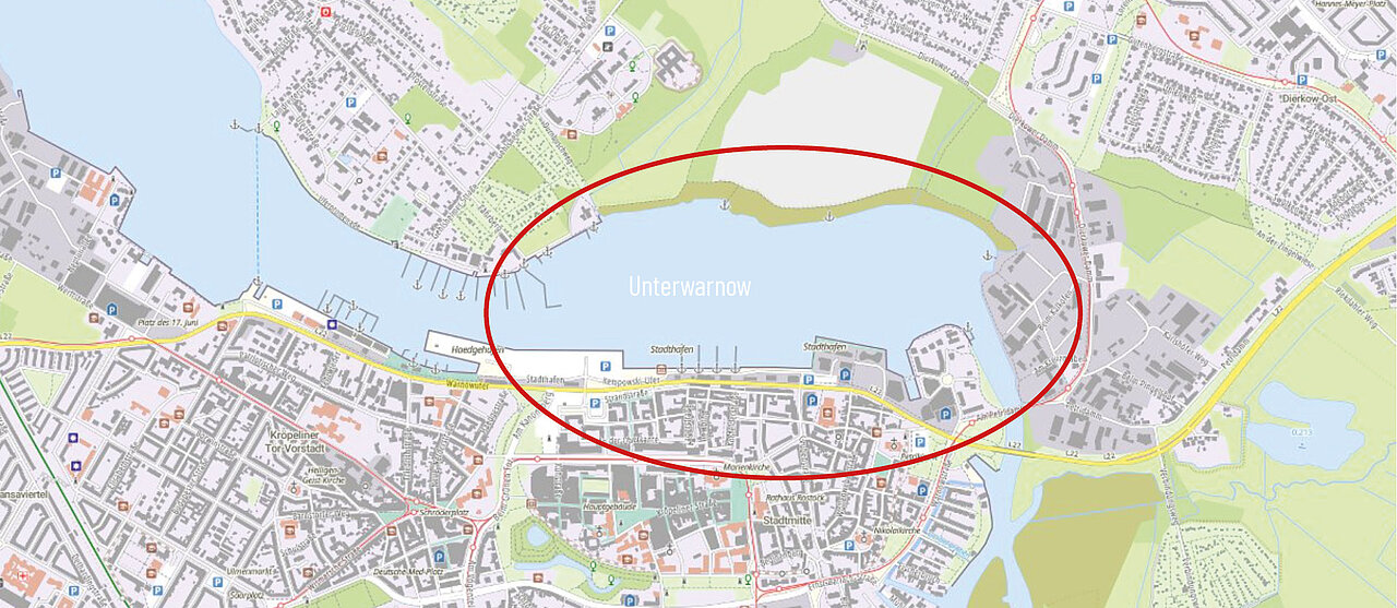 Karte mit dem oval markierten Bereich Unterwarnow in Rostock, umgeben von Straßen und Gebäuden