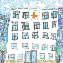 Gezeichnetes mehrstöckiges Krankenhausgebäude mit rotem Kreuz über dem Eingang und mehreren Fenstern, umgeben von Bäumen und weiteren Gebäuden.