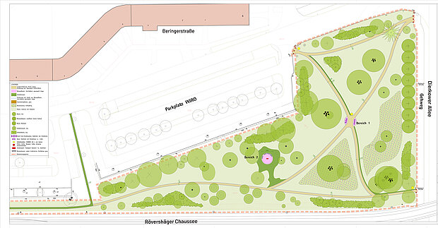 Lageplan der Grünfläche mit Wegen, Bäumen, Sitzbereichen und einem Spielplatz, umgeben von Straßen mit Beschriftungen