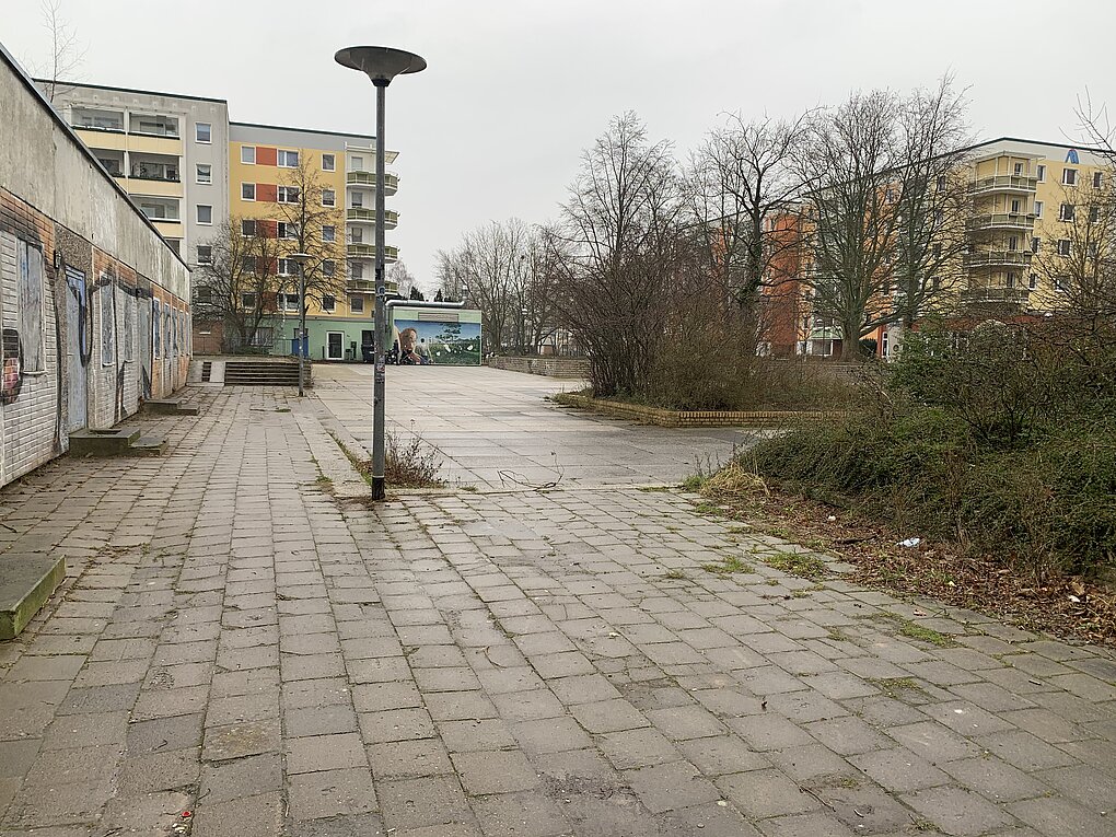 Blick auf einen trostlosen Platz mit zahreichen Sträuchern an einem grauen Tag.