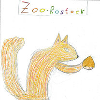 Bunt gezeichnetes Eichhörnchen, das eine Nuss hält, mit der handschriftlichen Überschrift 'Zoo Rostock'.