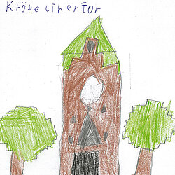 Buntes Kinderbild eines braunen Hauses mit grünem Dach und zwei grünen Bäumen links und rechts daneben.