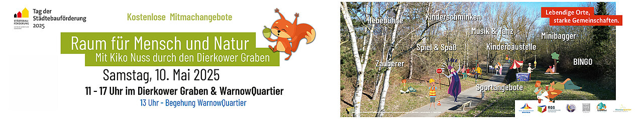 Banner für die Veranstaltung "Raum für Mensch und Natur" am 10. Mai 2025, mit Informationen zu Aktivitäten im Dierkower Graben und Warnowquartier