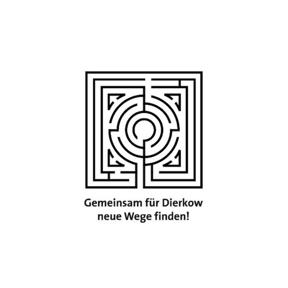 Logo des Satdtteils Dierkow mit einem schwarz weißen Labyrinth und dem Text Gemeinsam für Dierkow neue Wege gehen.