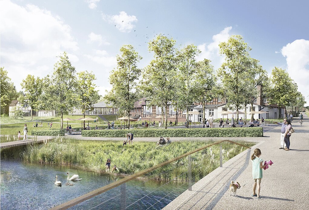 Visualiserung einer Uferpromenade mit Bäumen, Spaziergängern und Sitzgelegenheiten entlang eines ruhigen Gewässers.